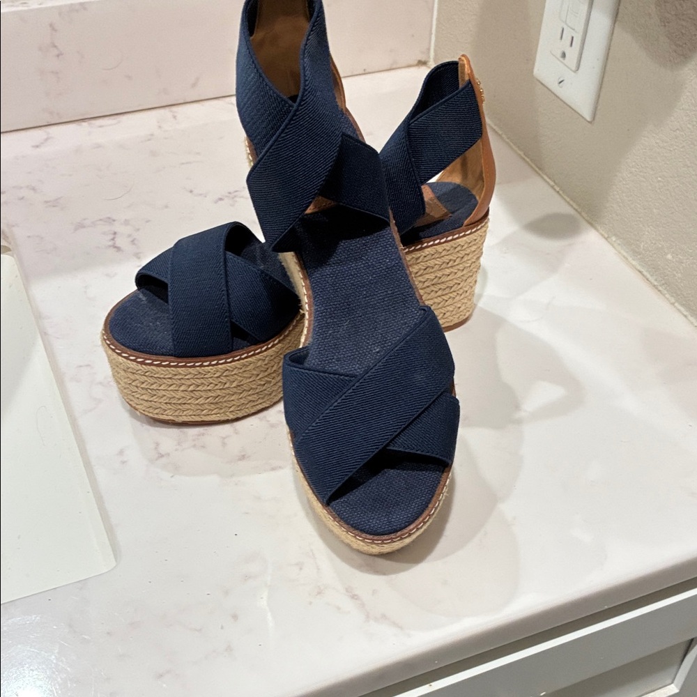 Tory Burch Navy Wedge Espadrilles